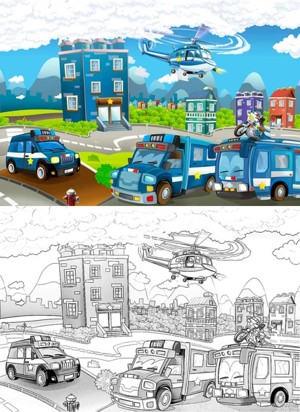 Cartoon Sketch Stage Different Machines Police Duty Colorful Cheerful Scene — Stock Photo, Image