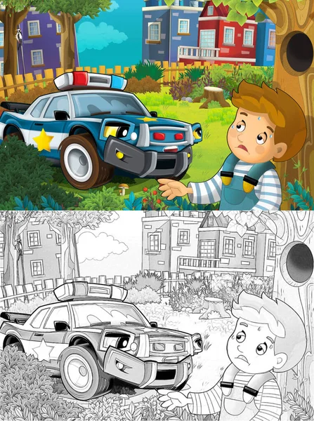cartoon sketch scene with police car and sports car car at city police station and policeman - illustration for children