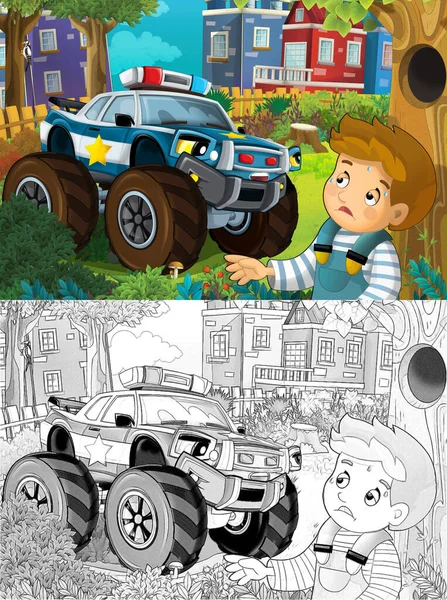Cartoon Sketch Szene Der Stadt Mit Polizeiauto Das Durch Die — Stockfoto