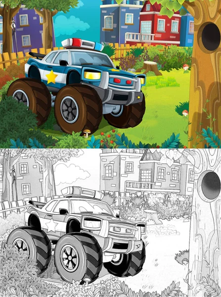 Kreslená Kreslená Scéna Městě Policejním Autem Projíždějícím Parkem Hlídkujícím Ilustrace — Stock fotografie