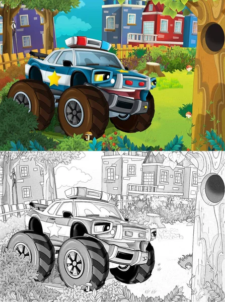 Cartoon Sketch Szene Mit Polizeiauto Und Sportwagen Bei Stadtpolizei Und — Stockfoto