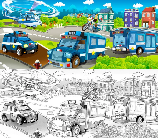 Cartoon Sketch Stage Different Machines Police Duty Colorful Cheerful Scene — Stock Photo, Image