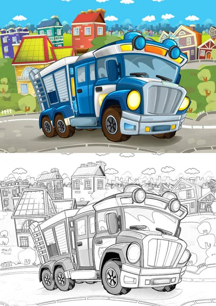 Tecknad Skiss Scen Med Polisbil Gatan Illustration För Barn — Stockfoto