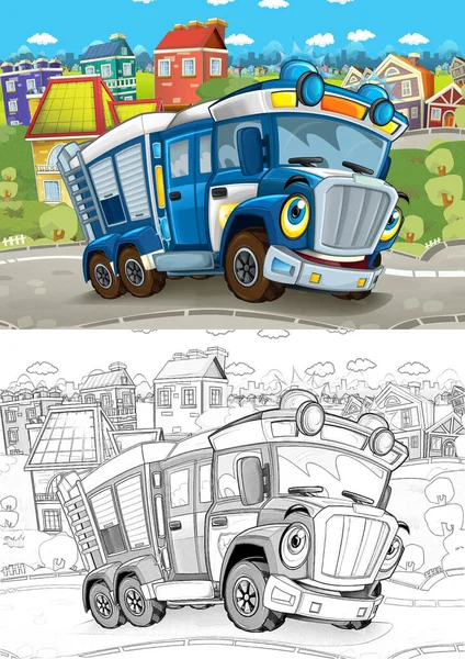 Dibujo Dibujos Animados Divertido Buscando Camión Policía Que Conduce Por — Foto de Stock
