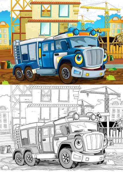 Cartoon Sketch Scene Funny Looking Police Car Driving City Construction — Stock Photo, Image