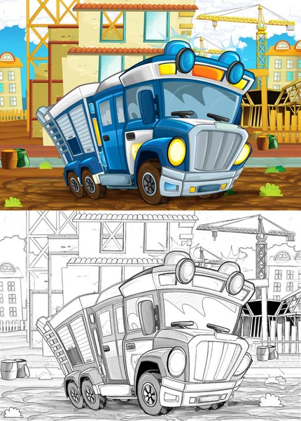 Cartoon Sketch Szene Mit Lustig Aussehendem Polizeiauto Das Der Nähe — Stockfoto