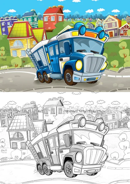 Escena Dibujos Animados Con Camión Policía Calle Ilustración Para Niños —  Fotos de Stock