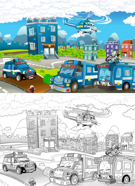 Scène Dessin Animé Avec Différentes Machines Service Police Scène Colorée — Photo