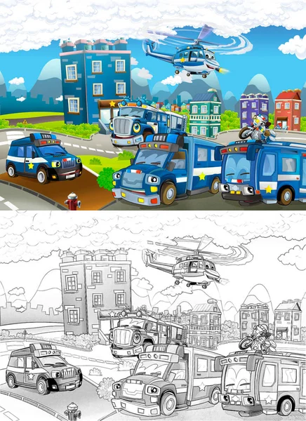 Cartoon Sketch Stage Different Machines Police Duty Colorful Cheerful Scene — Stock Photo, Image