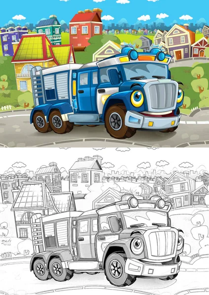 漫画のスケッチ面白い警察官のトラック市内を走行 子供のためのイラスト — ストック写真