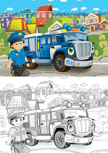 Cartoon Sketch Scene Policeman Police Truck City Illustration Children — Stock Photo, Image