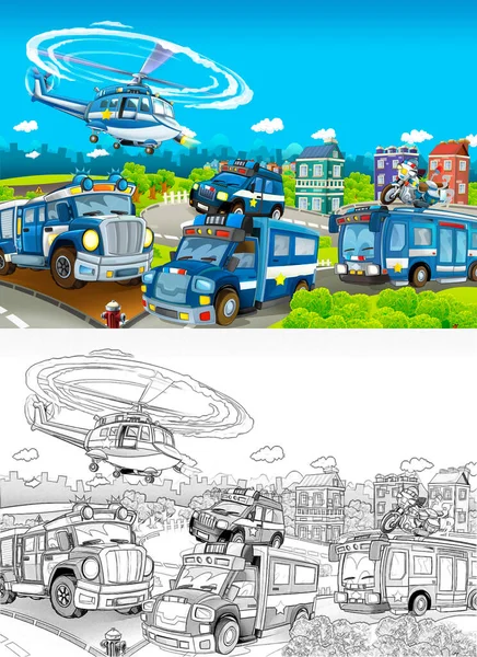 Cartoon Sketch Stage Different Machines Police Duty Colorful Cheerful Scene — Stock Photo, Image