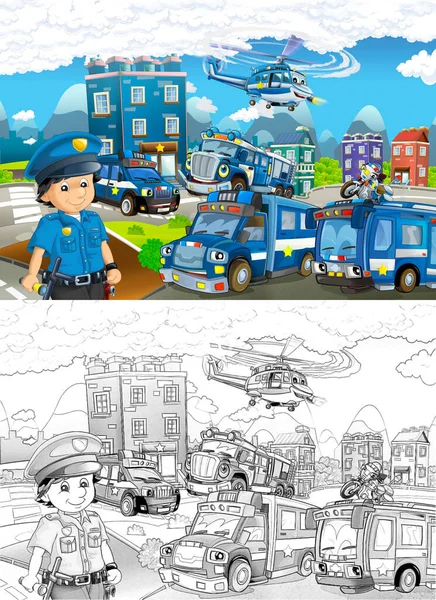 Cartoon Sketch Stage Different Machines Police Duty Policeman Colorful Cheerful — Stock Photo, Image