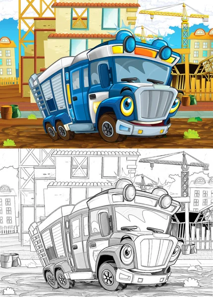 Cartoon Sketch Szene Mit Lustig Aussehendem Polizeiauto Das Der Nähe — Stockfoto