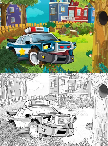 cartoon sketch scene in the city with police car driving through the park patrolling - illustration for children