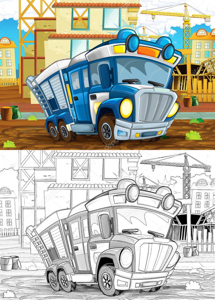 cartoon sketch scene with funny looking police car driving through the city near the construction site illustration for children
