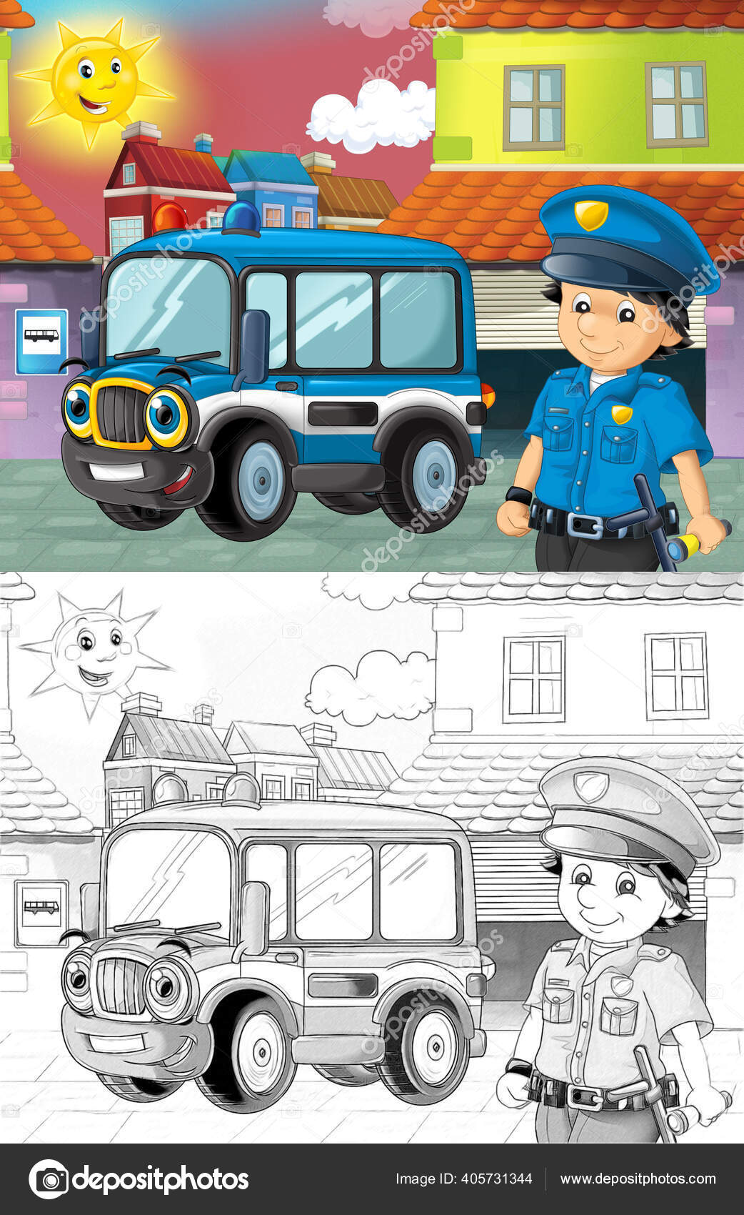 Adegan Sketsa Kartun Dengan Polisi Dan Truk Polisi Kota Ilustrasi Stok Foto Illustrator Hft 405731344