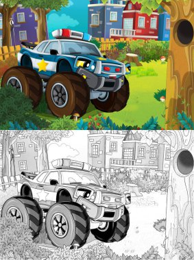 Karakolda polis arabası ve spor arabalı karikatür sahnesi - çocuklar için illüstrasyon