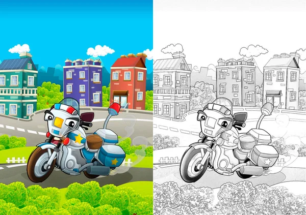 cartoon sketch stage with emergency vehicle police motorcycle in the park colorful and cheerful scene for children