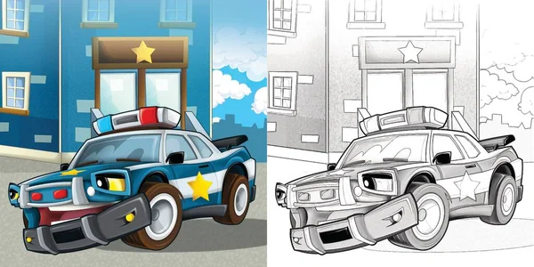Cartoon Schets Vrolijke Grappige Politie Auto Van Illustratie Voor Kinderen — Stockfoto
