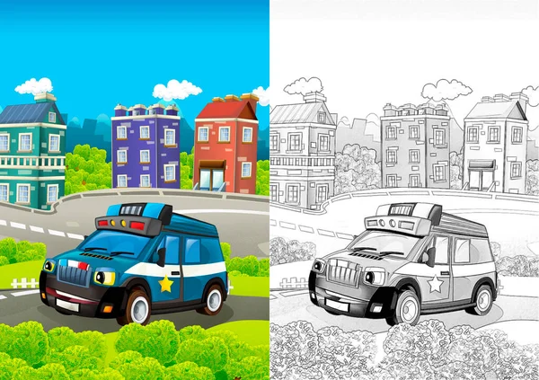 Cartoon sketch stage with police vehicle smiling truck colorful and cheerful scene