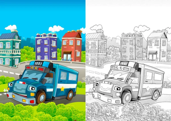 Desenho Animado Esboço Engraçado Olhando Policial Caminhão Dirigindo Através Cidade — Fotografia de Stock