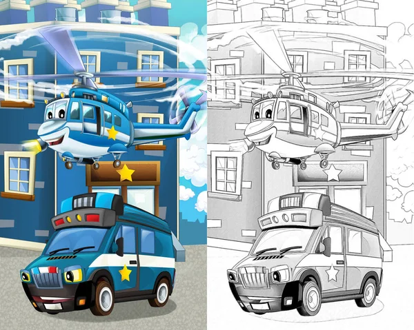 Cartoon sketch happy and funny police car and helicopter - illustration for children