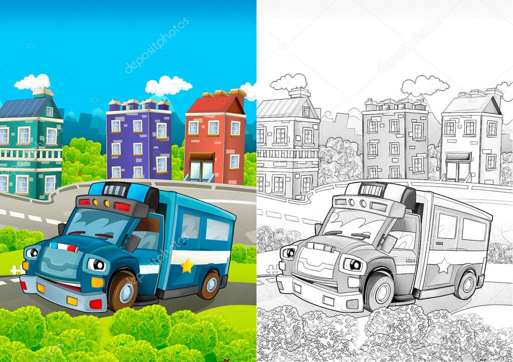 cartoon sketch funny looking policeman truck driving through the city - illustration for children