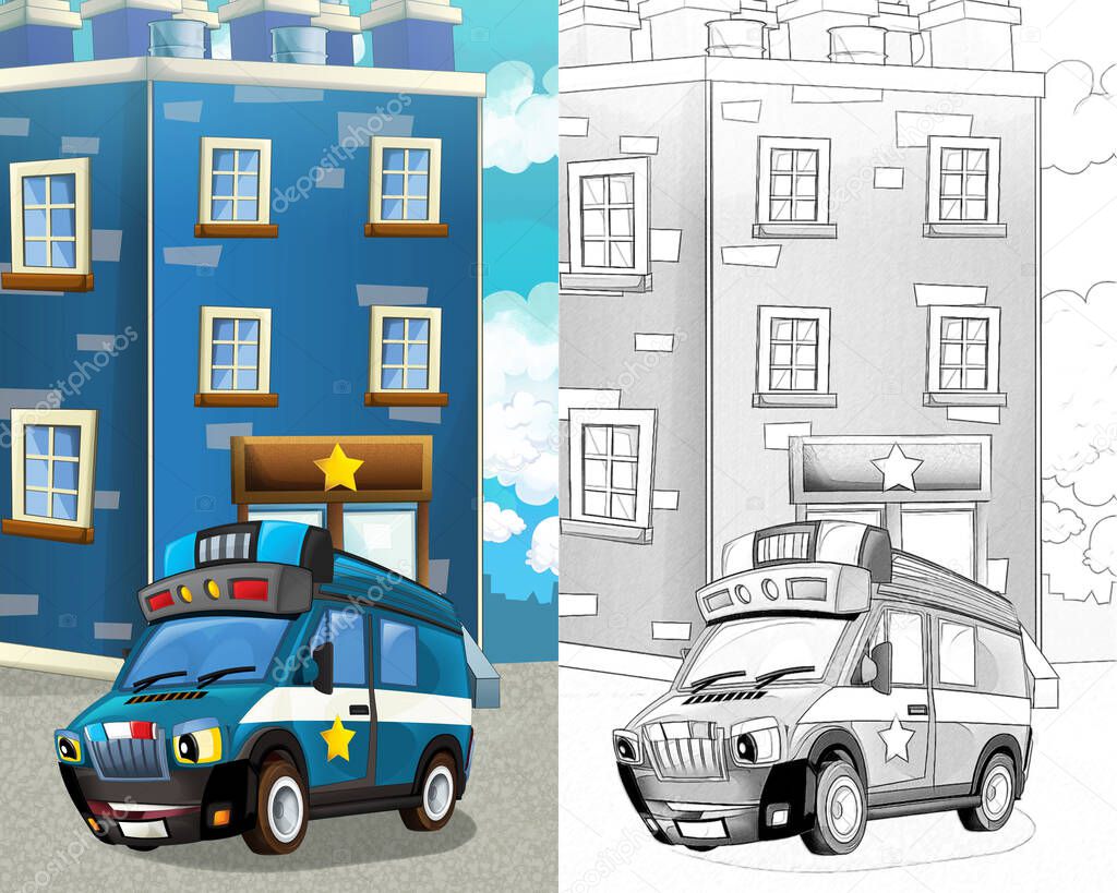 Cartoon sketch happy and funny police car - van - illustration for children