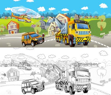 Sokakta çekicili karikatür sahnesi - çocuklar için çizimler