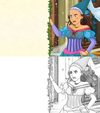 Kalede prensesle karikatür sahnesi - çocuklar için çizim