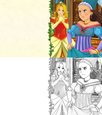 Kalede prensesle karikatür sahnesi - çocuklar için çizim