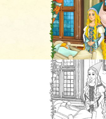 Kalede prensesle karikatür sahnesi - çocuklar için çizim