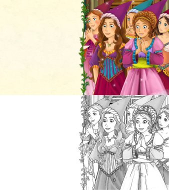 Kalede prensesle karikatür sahnesi - çocuklar için çizim