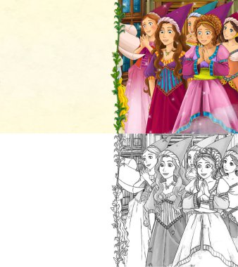 Kalede prensesle karikatür sahnesi - çocuklar için çizim