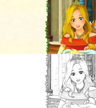 Kalede prensesle karikatür sahnesi - çocuklar için çizim