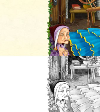 Şatoda cadıyla karikatür sahnesi - çocuklar için çizim