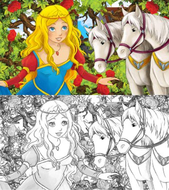 Bahçedeki prensesle çocuklar için resimli karikatür sahnesi.