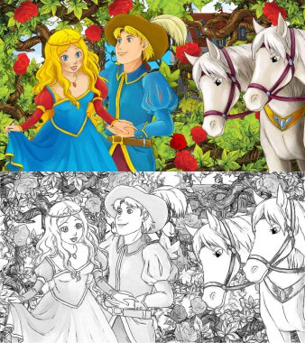 Prens ve prensesin bahçedeki atlarla çizdiği karikatür sahnesi - çocuklar için illüstrasyon