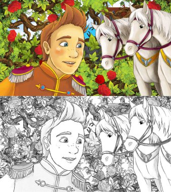 Prens 'in bahçede atlarla çizdiği karikatür sahnesi - çocuklar için çizim