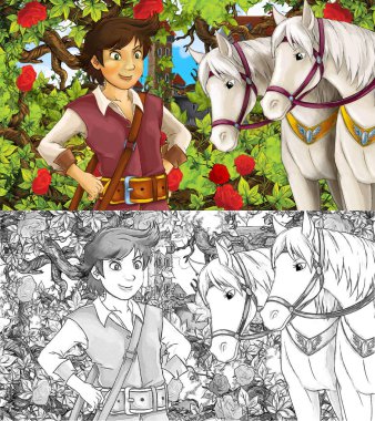 Prens 'in bahçede atlarla çizdiği karikatür sahnesi - çocuklar için çizim