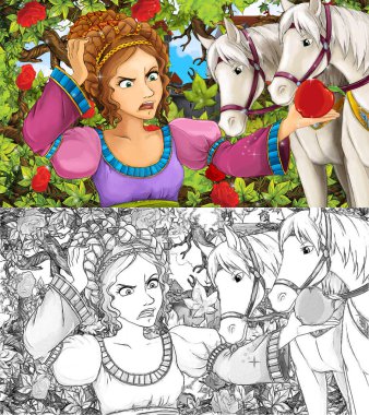 Bahçedeki prensesle çocuklar için resimli karikatür sahnesi.