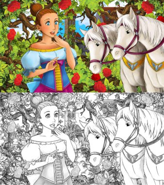 Bahçedeki prensesle çocuklar için resimli karikatür sahnesi.