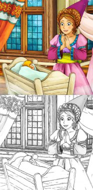 Kalede prensesle karikatür sahnesi - çocuklar için çizim