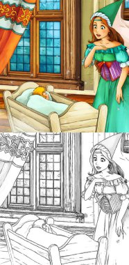 Kalede prensesle karikatür sahnesi - çocuklar için çizim