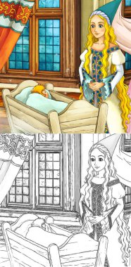 Kalede prensesle karikatür sahnesi - çocuklar için çizim