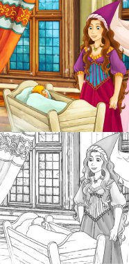 Kalede prensesle karikatür sahnesi - çocuklar için çizim