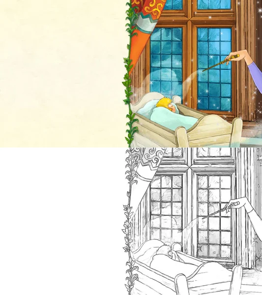 Tecknad Skiss Scen Med Prinsessan Slott Illustration För Barn — Stockfoto