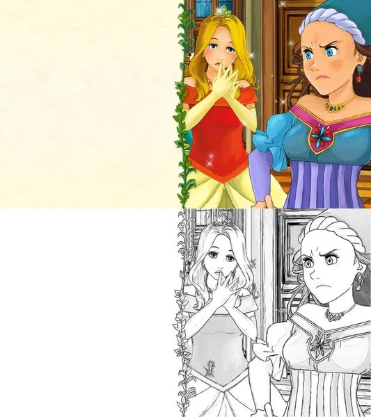 Desenho Animado Cena Com Princesa Castelo Ilustração Para Crianças — Fotografia de Stock