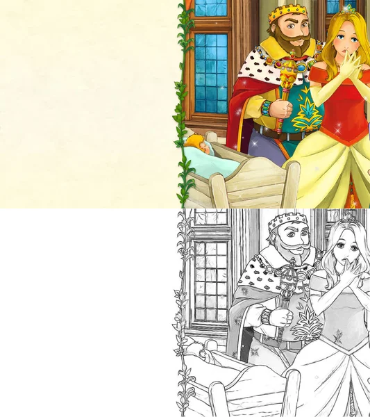 Kreslený Náčrtek Scény Princeznou Hradě Ilustrace Pro Děti — Stock fotografie